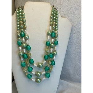 1960s Japan 3-Strand Green Faux Pearl/Crystal Necklace-Vintage Estate